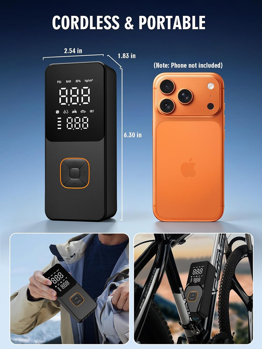Tire Inflator Portable Air Compressor, Bike Pump with Gauge | 4000Mah, 150PSI, Fast Inflation, Auto Off, Easy Operation, LED Light, Portable Air Pump for Car Tires, Bike, Motocrycle,Balls