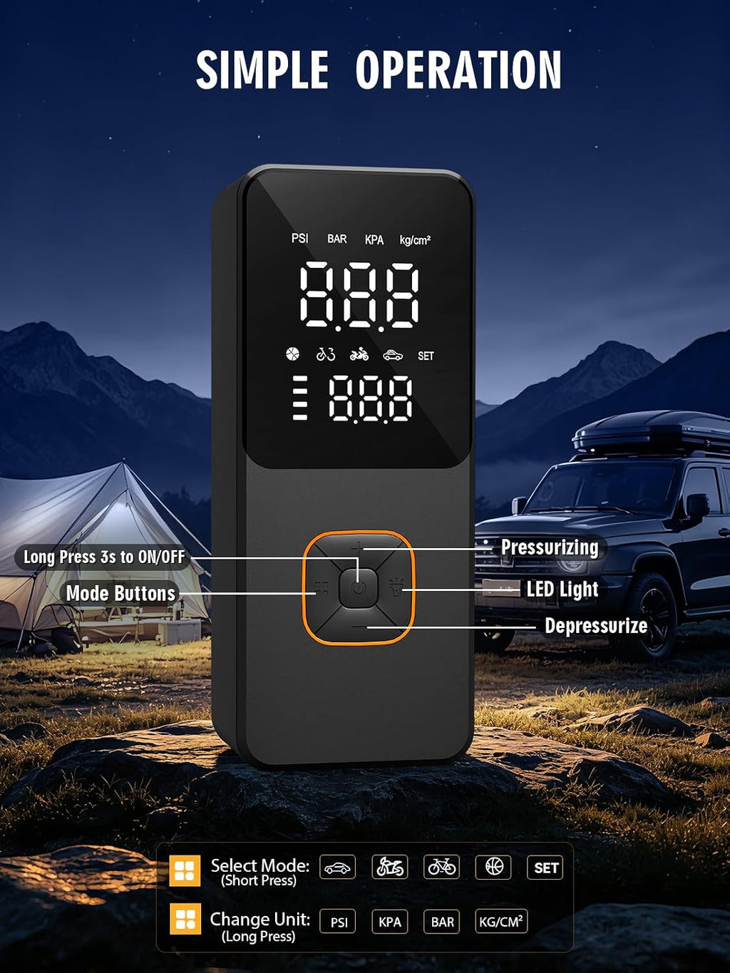Tire Inflator Portable Air Compressor, Bike Pump with Gauge | 4000Mah, 150PSI, Fast Inflation, Auto Off, Easy Operation, LED Light, Portable Air Pump for Car Tires, Bike, Motocrycle,Balls