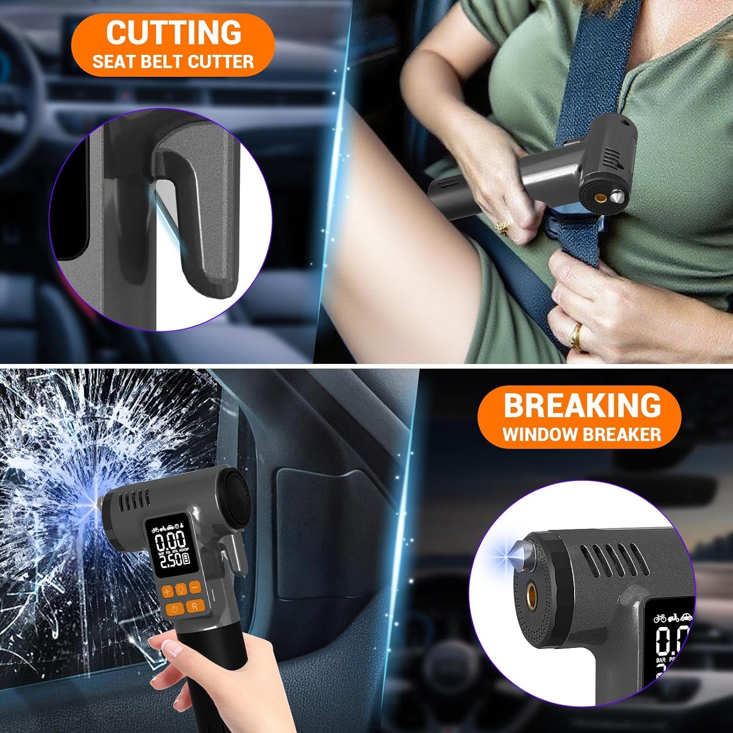 Tire Inflator Portable Air Compressor - 8 in 1 Air Pump, Window Breaker, Seatbelt Cutter, Ball Pump, Bike Pump, Digital Tire Pressure Gauge, SOS, Flashlight, Tech Gadgets Car Accessories
