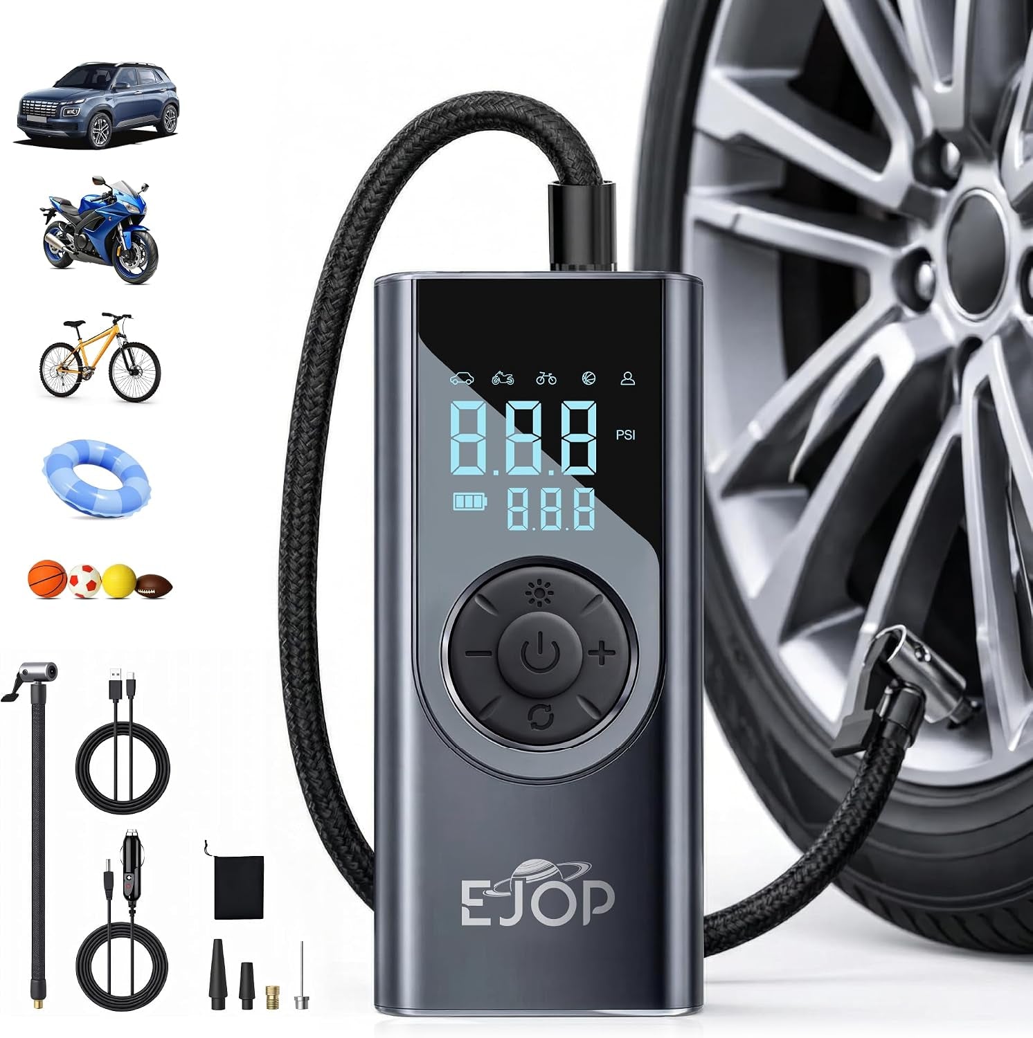 150PSI Tire Inflator Portable Air Compressor, Air Pump for Car Tires with Digital Pressure Gauge, Cordless Pump for Car Motorcycle Bicycle Ball, LED Light, Auto Shut-Off,Dual Display,12V Adapter