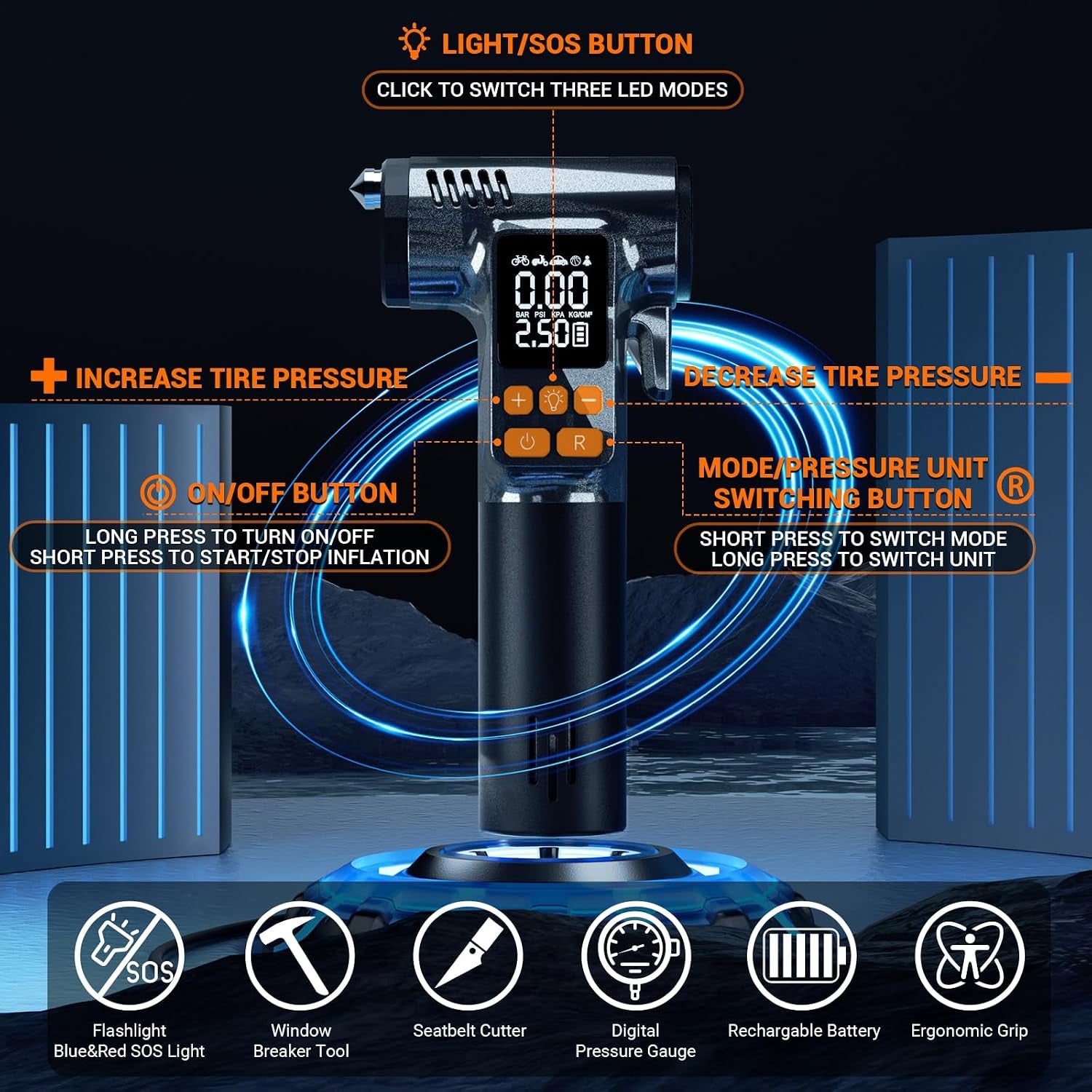 Tire Inflator Portable Air Compressor - 8 in 1 Air Pump, Window Breaker, Seatbelt Cutter, Ball Pump, Bike Pump, Digital Tire Pressure Gauge, SOS, Flashlight, Tech Gadgets Car Accessories