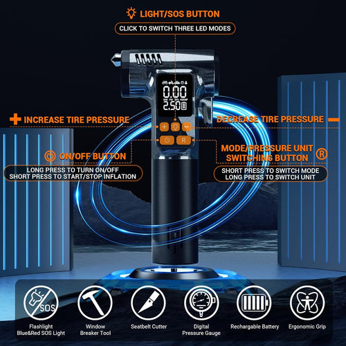 Tire Inflator Portable Air Compressor - 8 in 1 Air Pump, Window Breaker, Seatbelt Cutter, Ball Pump, Bike Pump, Digital Tire Pressure Gauge, SOS, Flashlight, Tech Gadgets Car Accessories