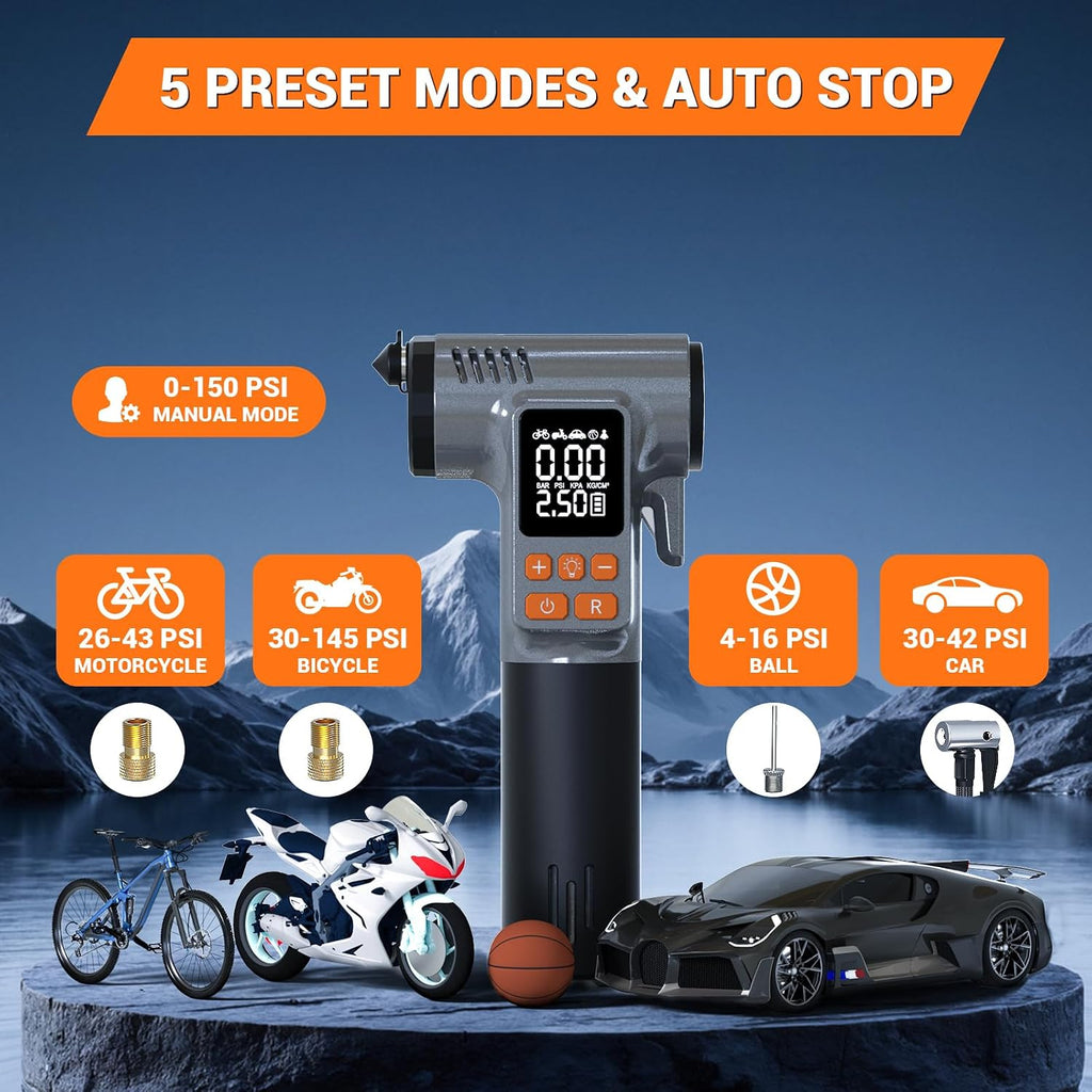 Tire Inflator Portable Air Compressor - 8 in 1 Air Pump, Window Breaker, Seatbelt Cutter, Ball Pump, Bike Pump, Digital Tire Pressure Gauge, SOS, Flashlight, Tech Gadgets Car Accessories