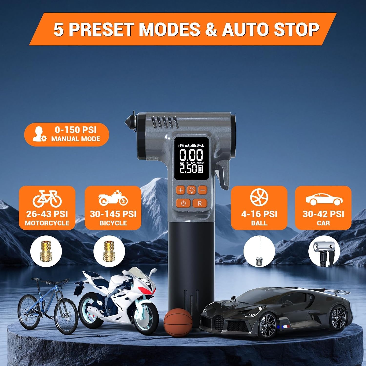 Tire Inflator Portable Air Compressor - 8 in 1 Air Pump, Window Breaker, Seatbelt Cutter, Ball Pump, Bike Pump, Digital Tire Pressure Gauge, SOS, Flashlight, Tech Gadgets Car Accessories