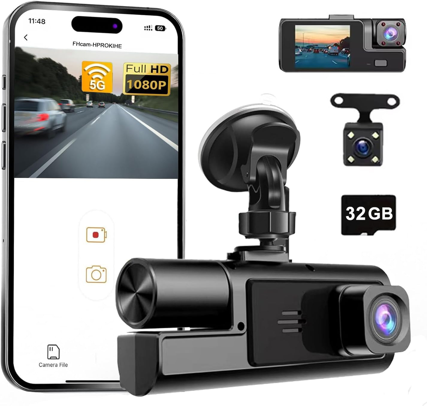 Onward Wifi Dash Cam — Front & Inside, Night Vision, 32GB Included