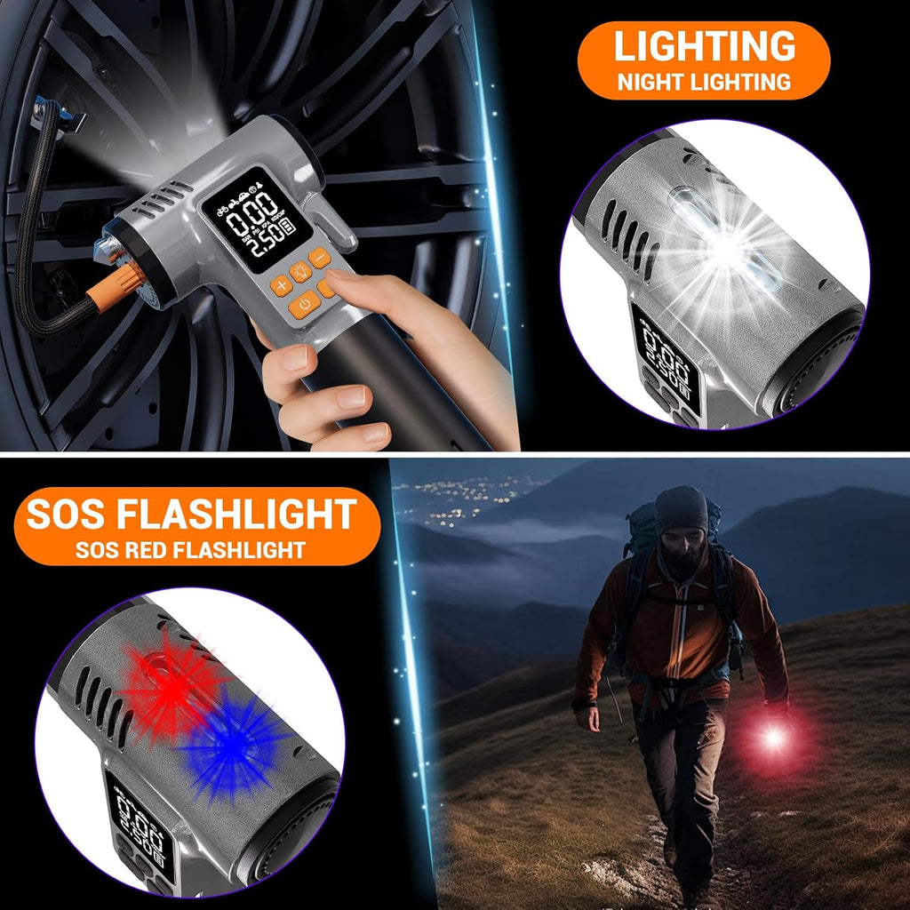 Tire Inflator Portable Air Compressor - 8 in 1 Air Pump, Window Breaker, Seatbelt Cutter, Ball Pump, Bike Pump, Digital Tire Pressure Gauge, SOS, Flashlight, Tech Gadgets Car Accessories