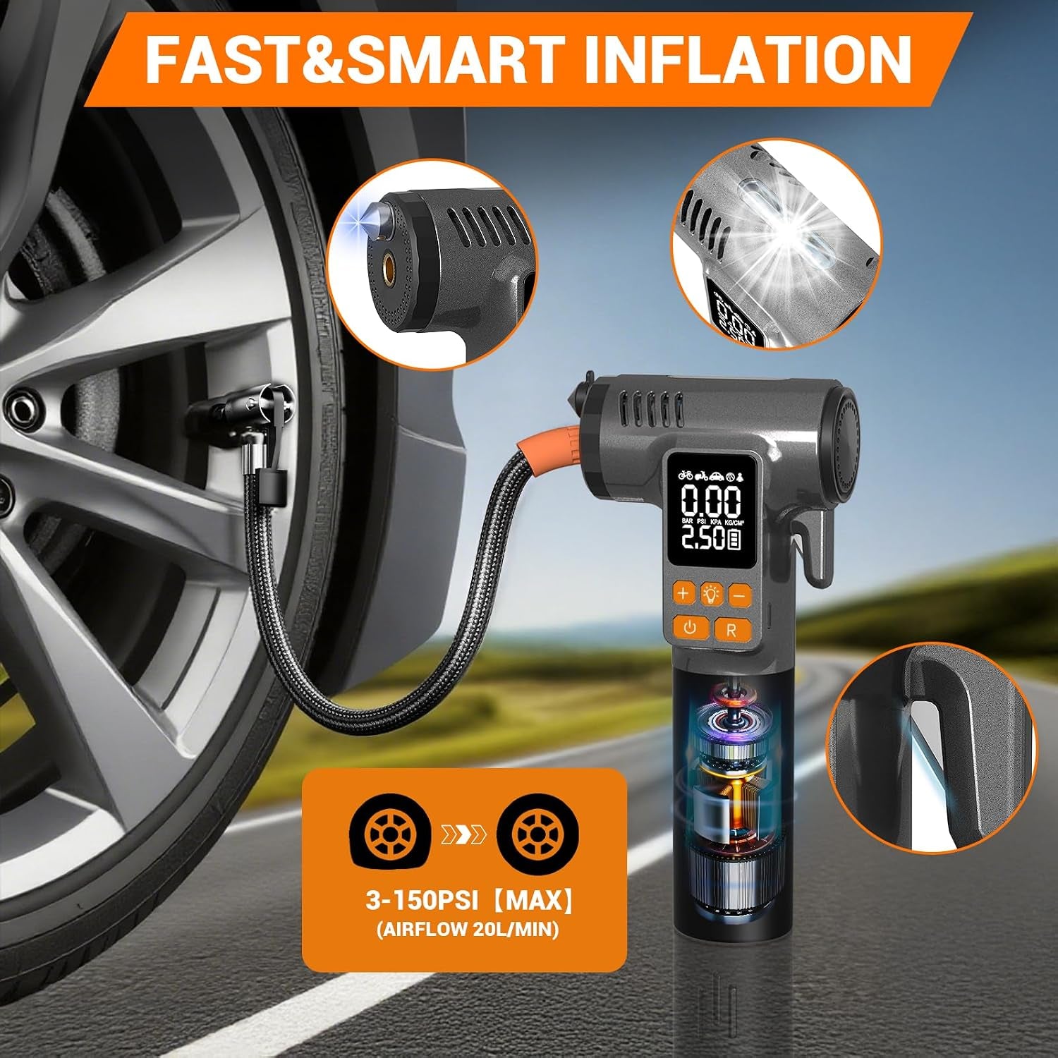 Tire Inflator Portable Air Compressor - 8 in 1 Air Pump, Window Breaker, Seatbelt Cutter, Ball Pump, Bike Pump, Digital Tire Pressure Gauge, SOS, Flashlight, Tech Gadgets Car Accessories