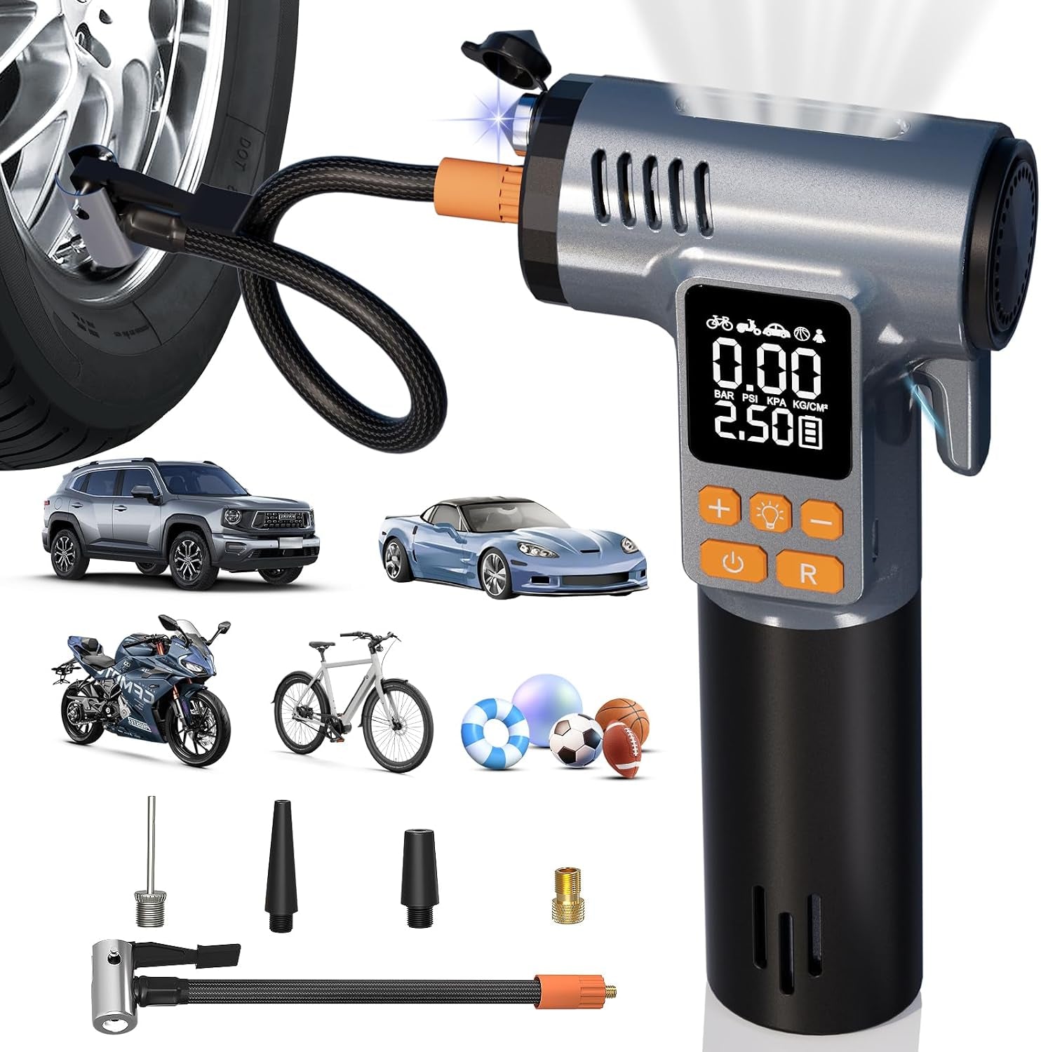 Tire Inflator Portable Air Compressor - 8 in 1 Air Pump, Window Breaker, Seatbelt Cutter, Ball Pump, Bike Pump, Digital Tire Pressure Gauge, SOS, Flashlight, Tech Gadgets Car Accessories